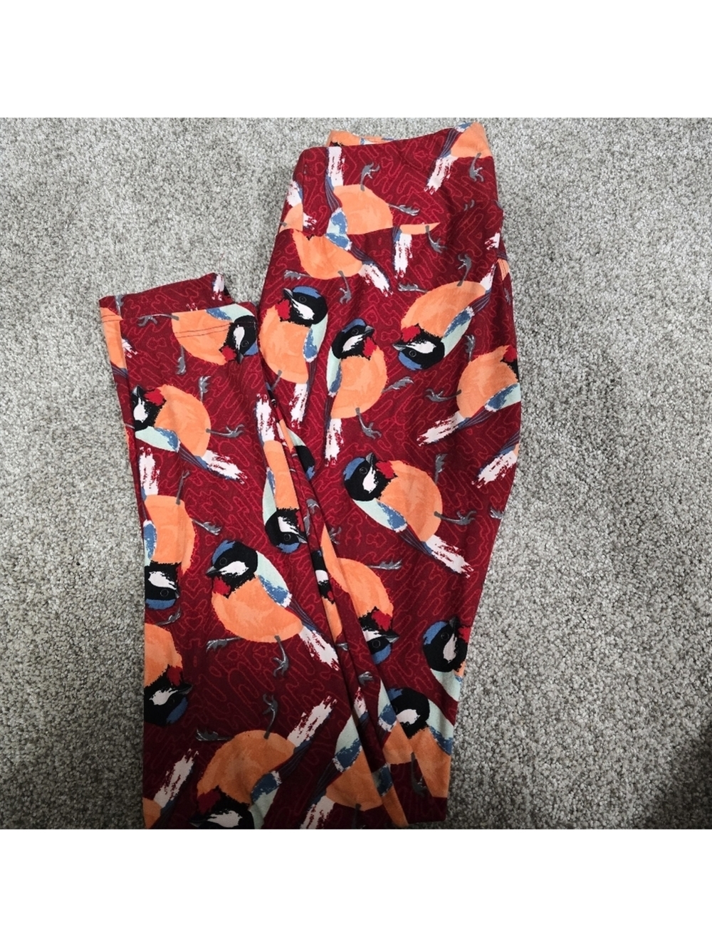 LuLaRoe Women's One Size Leggings Red Orange Bird Print NWOT